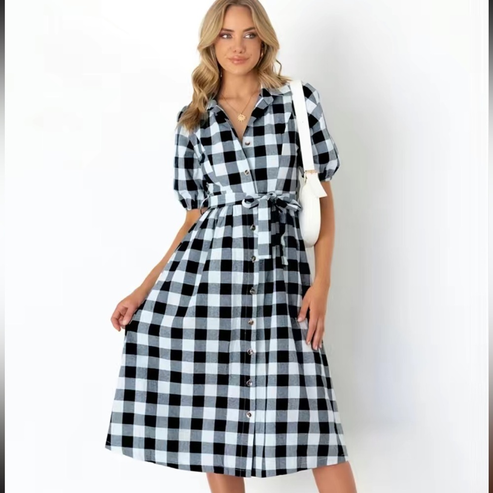 Women's Plaid Short Sleeve Lapel Belted Shirt Dress -Size Small